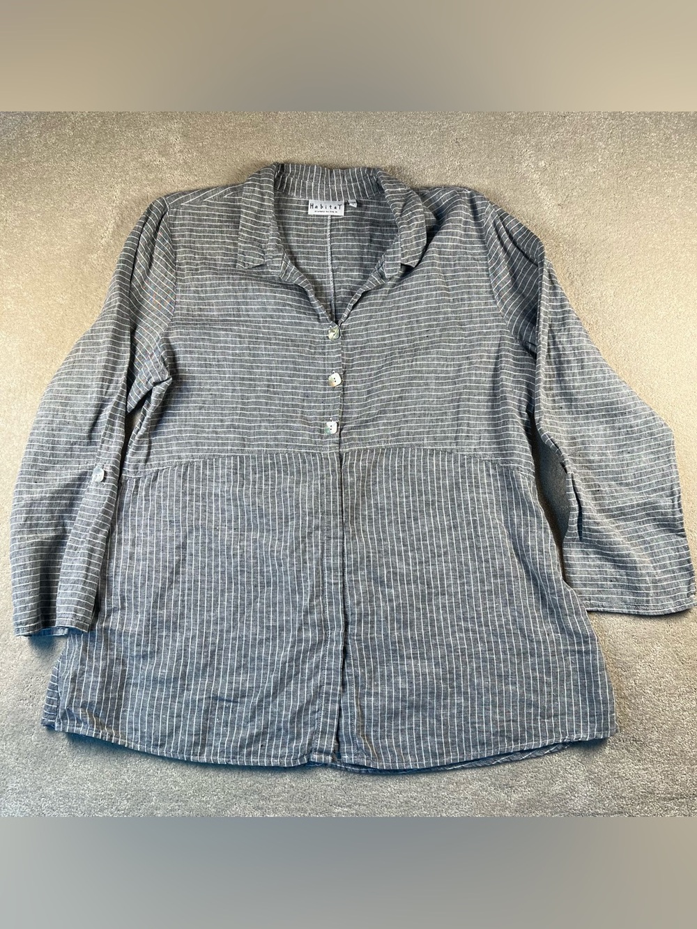 Habitat 100% Linen Shirt Button Front Stripes Roll Sleeves 3 Quarter Gray Large